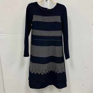 Rickie Freeman Teri Jon Navy Grey Striped Laser Cut Hem Sheath Midi Dress Size 8